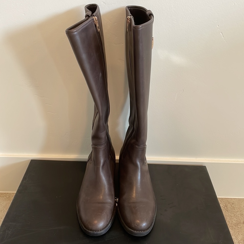 Coach Tall Leather Riding Boots - Dark Brown with Gold Buckle - Picture 2 of 10